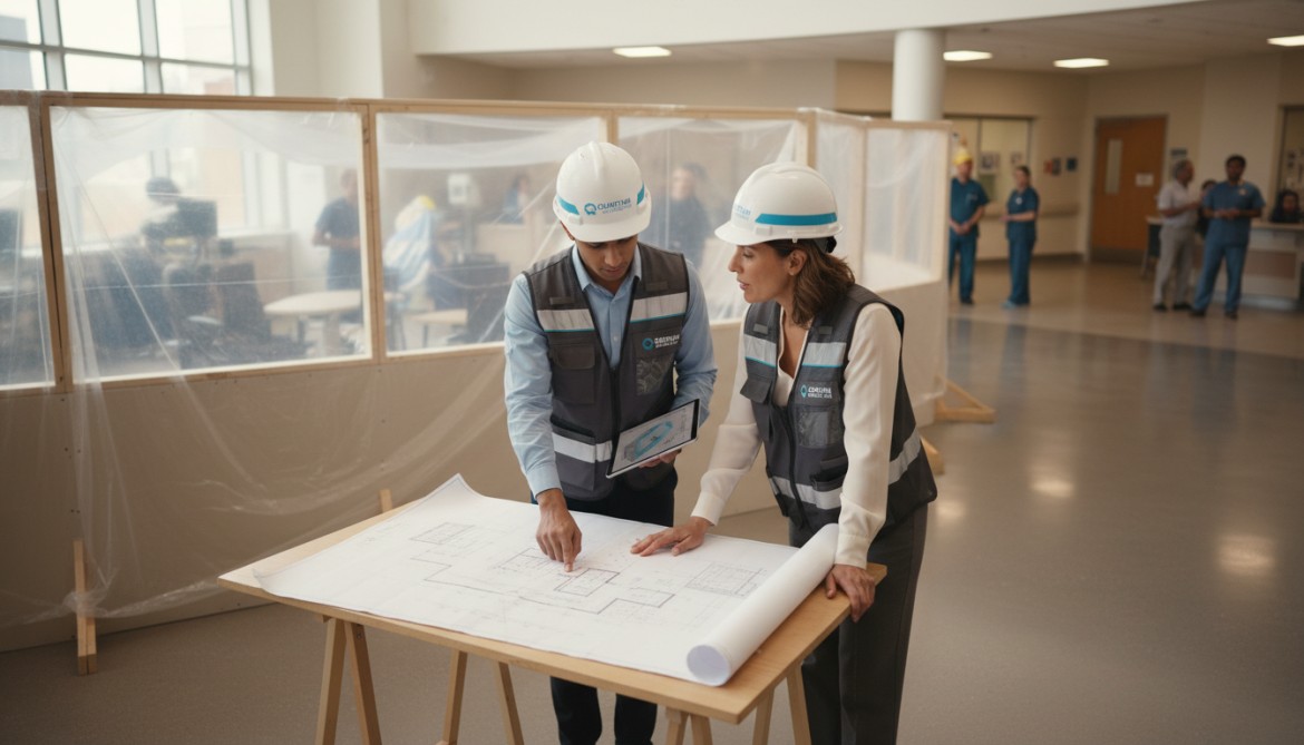 project team reviewing hospital blueprints lobby