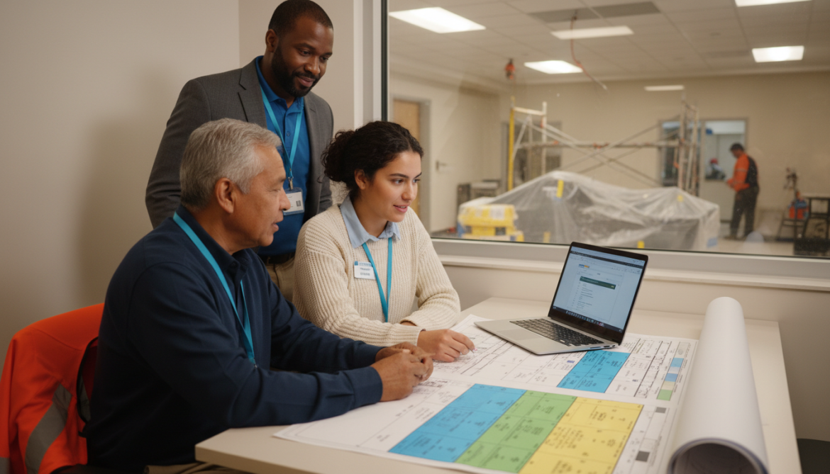 hospital conference team reviewing floor plans
