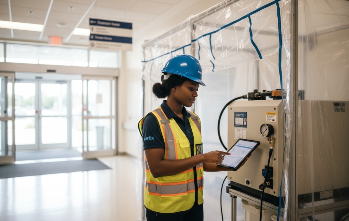 field engineer recording hepa readings hospital entrance
