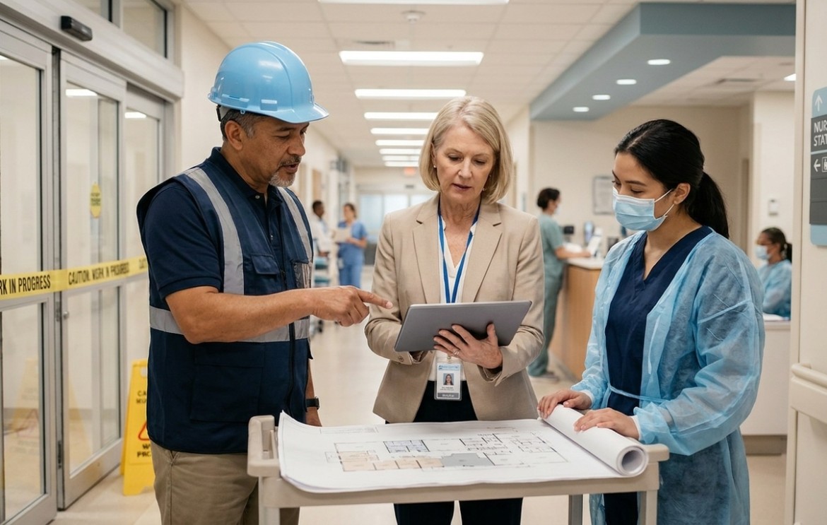 team reviewing plans in hospital corridor
