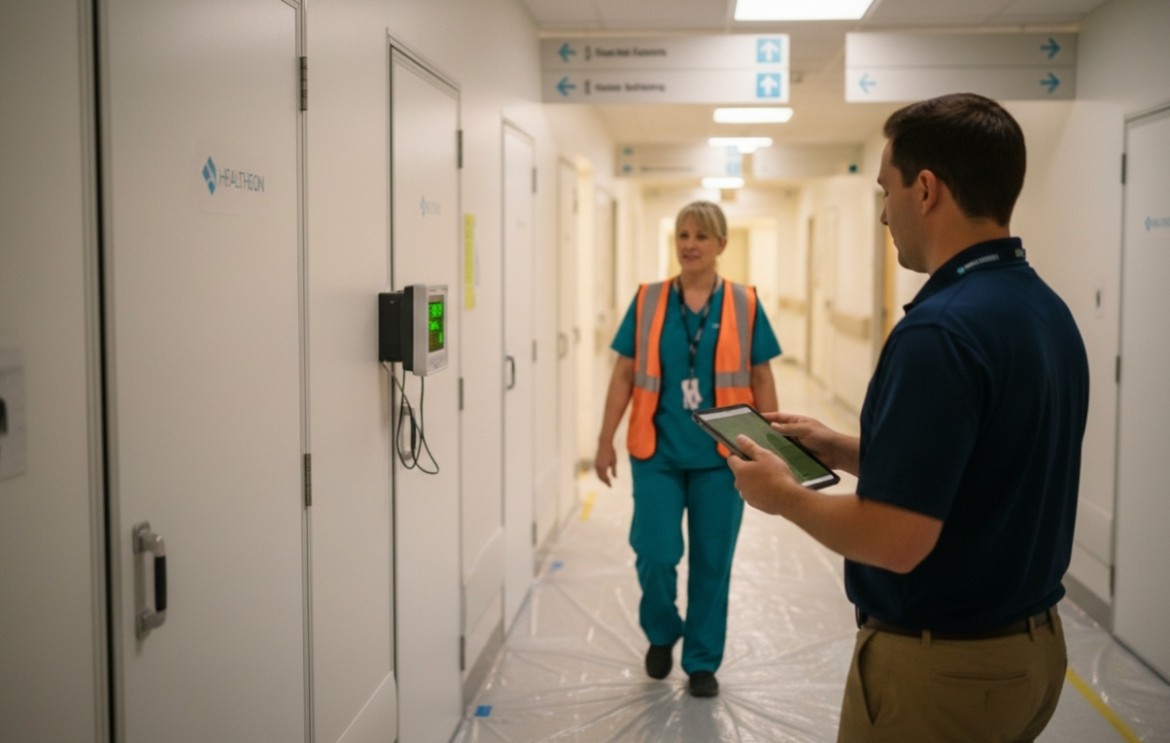 technician checking differential pressure monitor hospital corridor