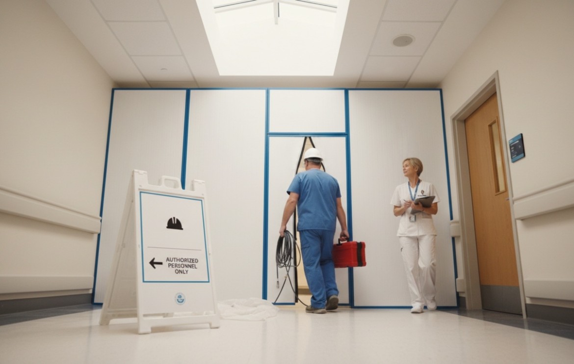 hospital corridor construction detour technician enters