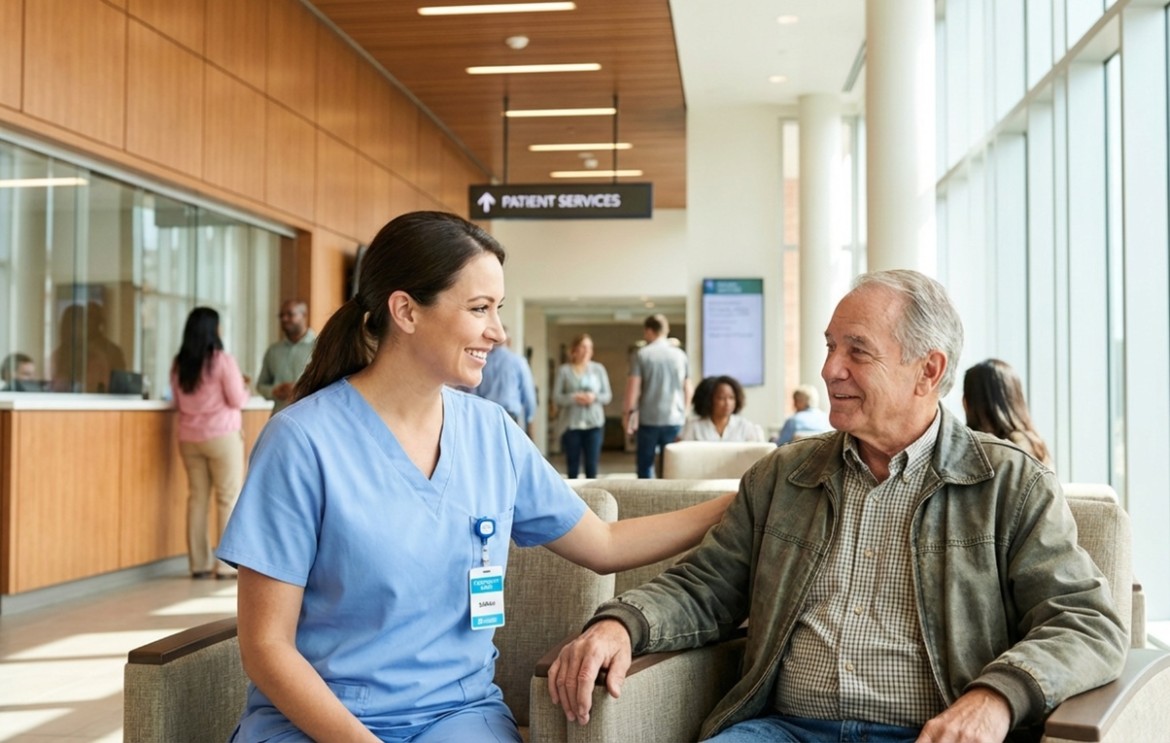completed hospital lobby staff patient conversation