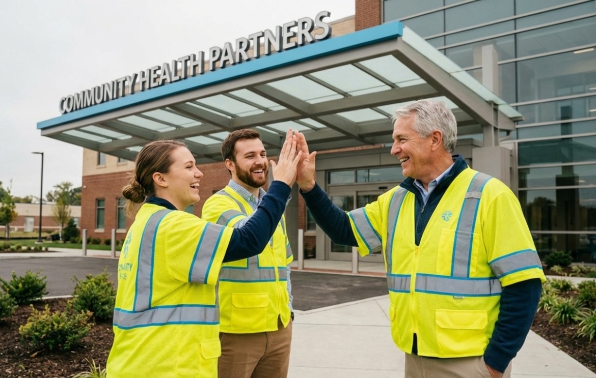 hospital exterior team celebration main entrance