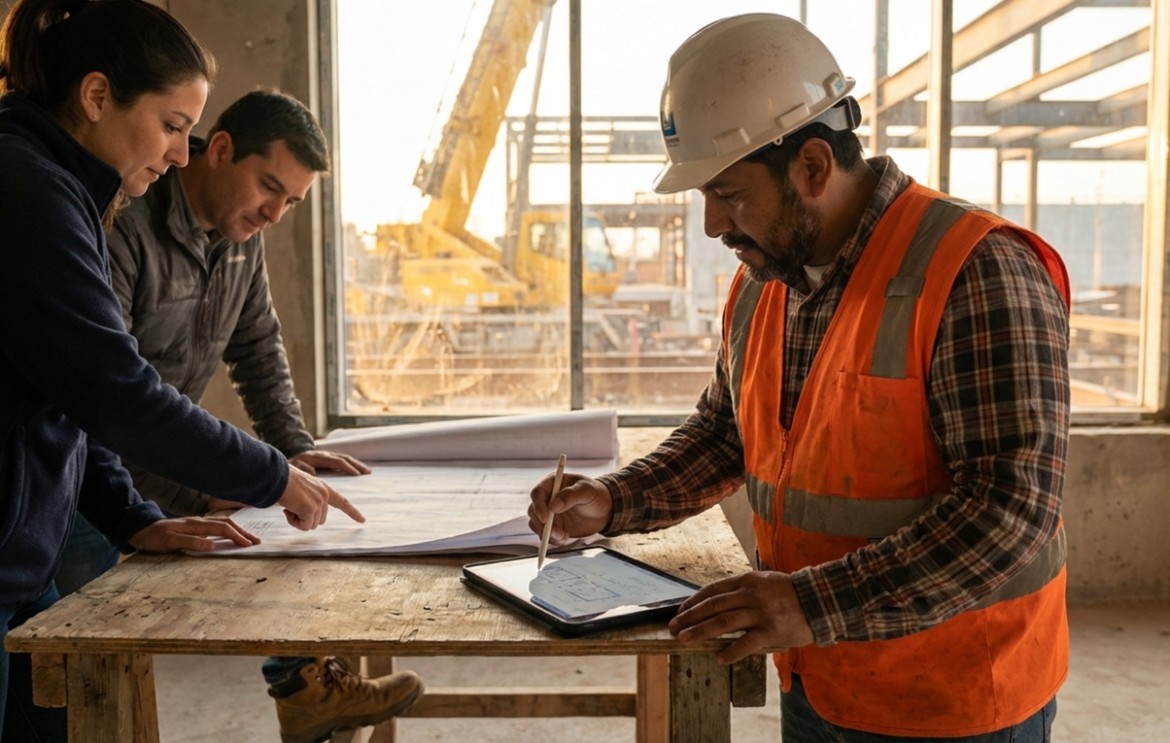 project team reviewing hospital plans tablet