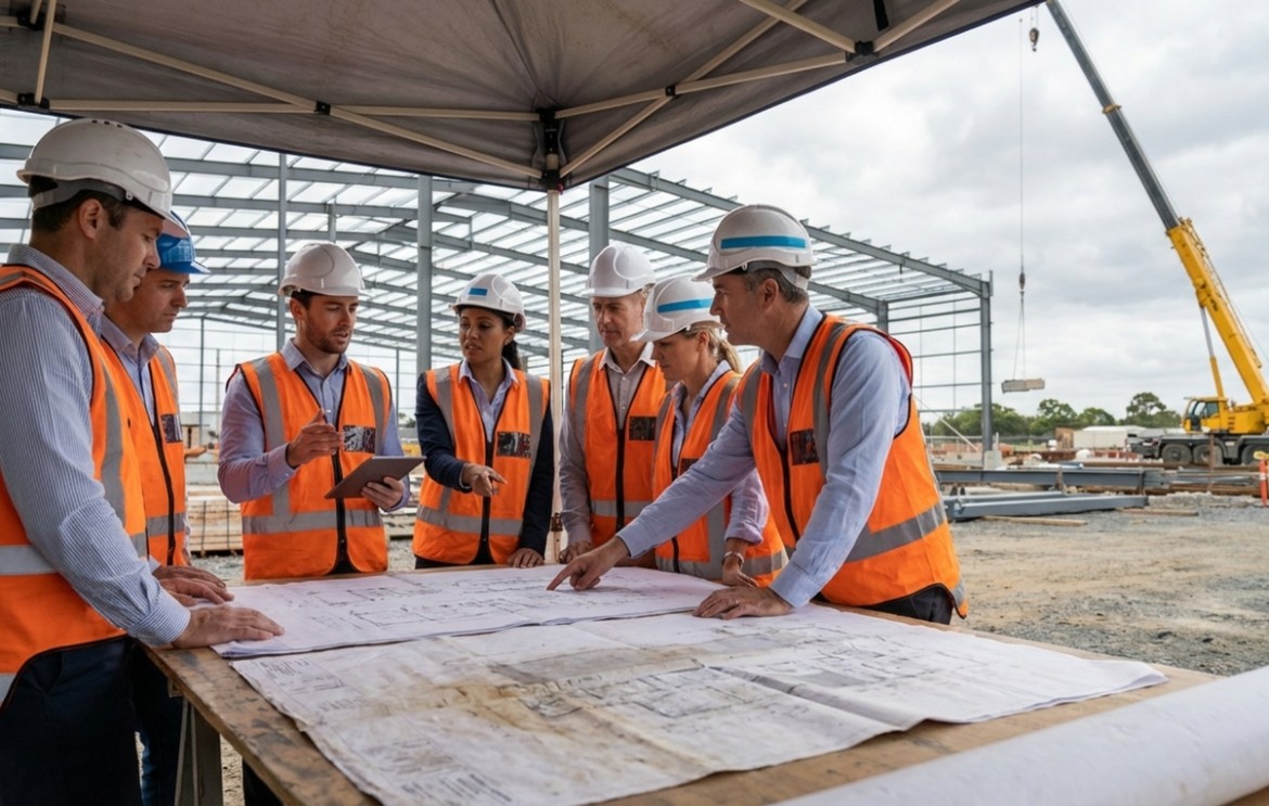 project team reviewing blueprints medical office construction