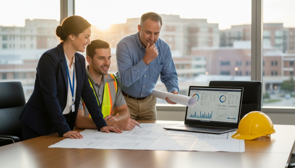 a healthcare construction team collaborating in the boardroom