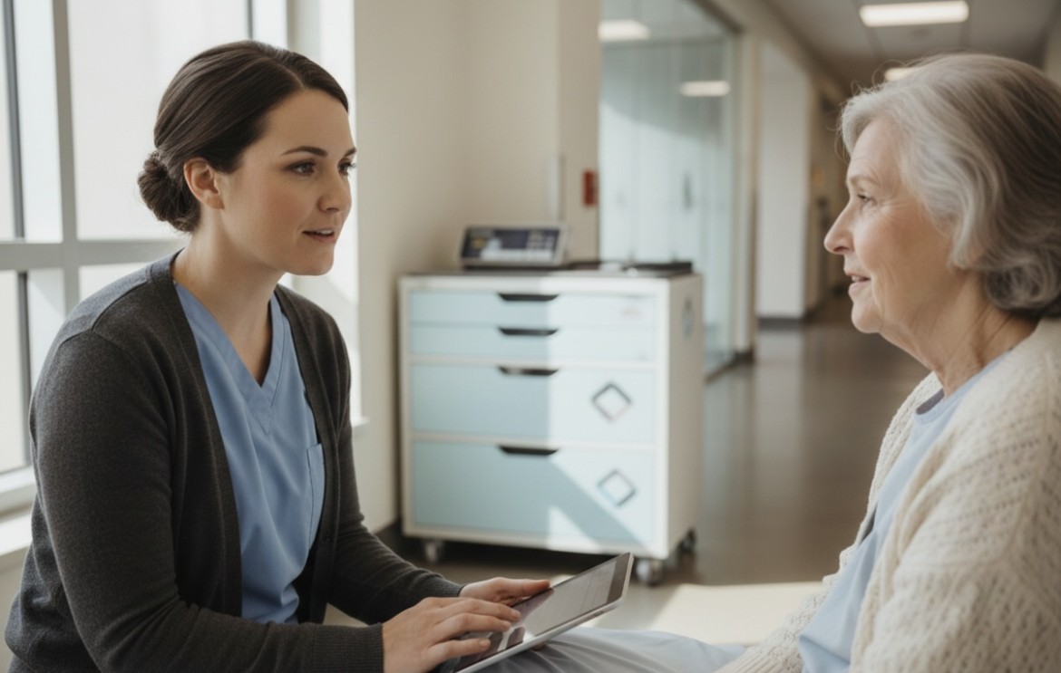 a nurse consulting a senior patient in daylight