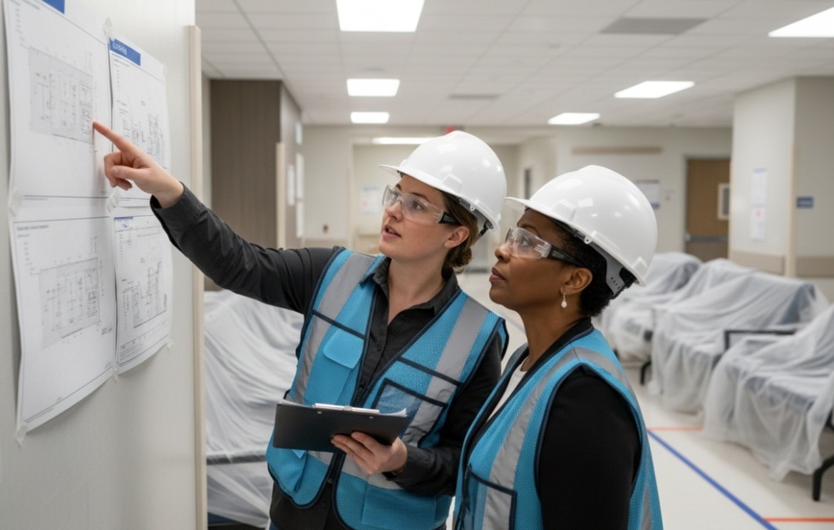 Two women in hard hats and safety vests review construction blueprints posted on a wall inside a hospital corridor, with covered equipment lining the hallway during renovation
