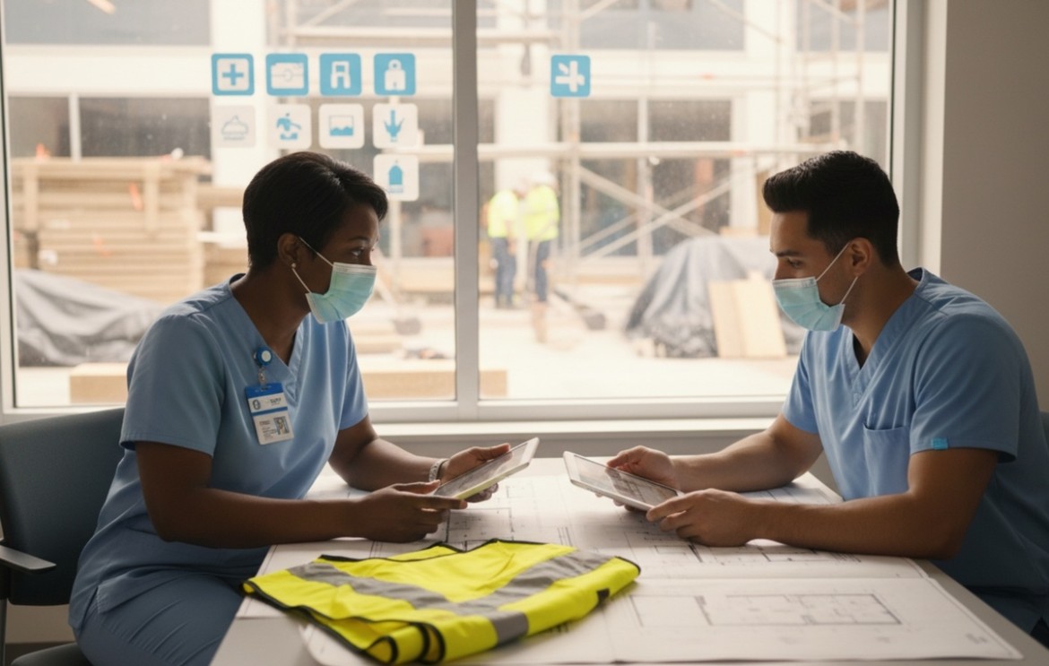 Two medical staff in scrubs review tablets and floor plans beside a hi-vis vest, with active construction visible through the window, illustrating collaborative medical office design planning during a hospital renovation project.
