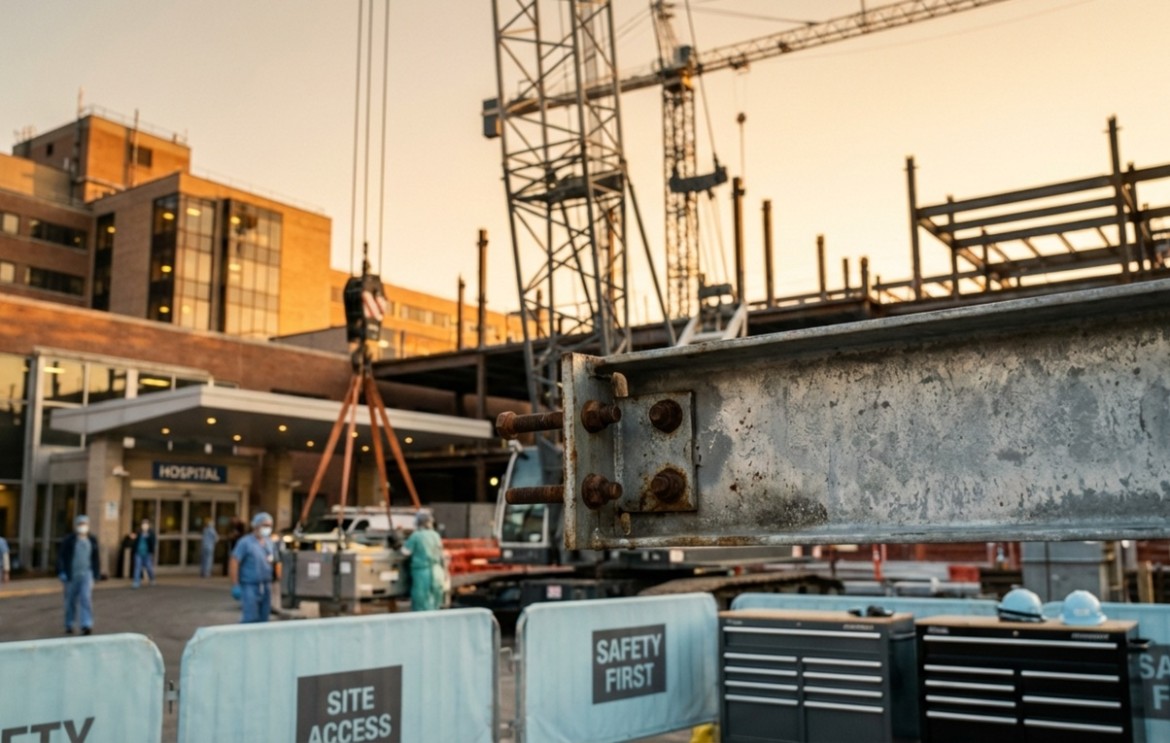 Rusty steel beam swings above a hospital construction site at sunrise, with cranes, safety barriers, and hard hats in view, illustrating how US tariffs and healthcare construction costs intersect during hospital expansion projects.