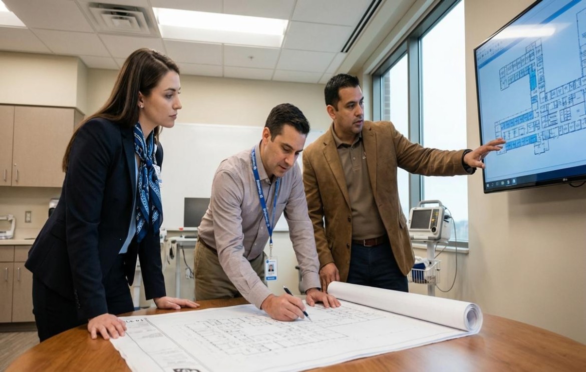 Three healthcare professionals review a printed floor plan and a digital layout on screen, one pointing to details, in a clinical room, illustrating collaborative smart hospital construction planning and design coordination.
