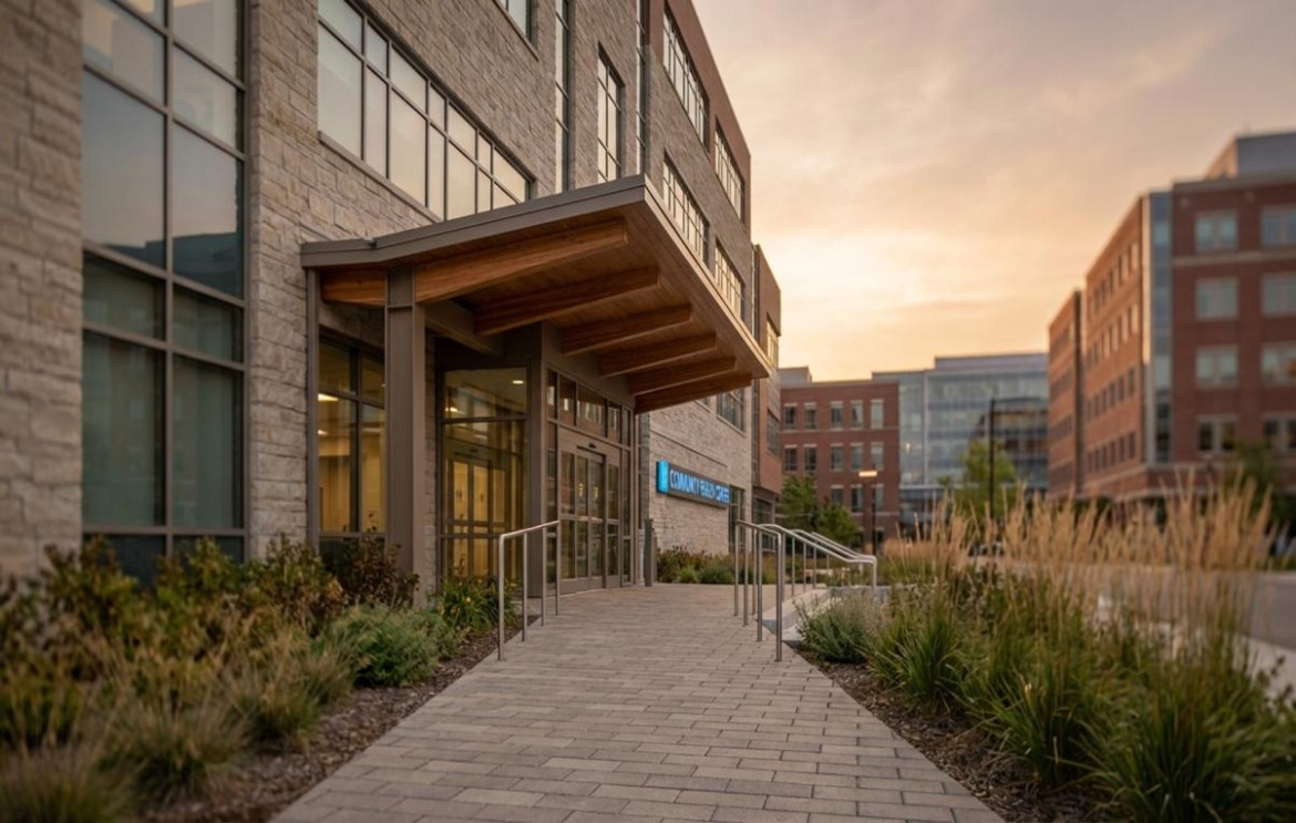Stone medical building entrance with wood canopy, glass doors, and landscaped walkway at sunset, illustrating a completed project shaped by an open book construction contract approach.