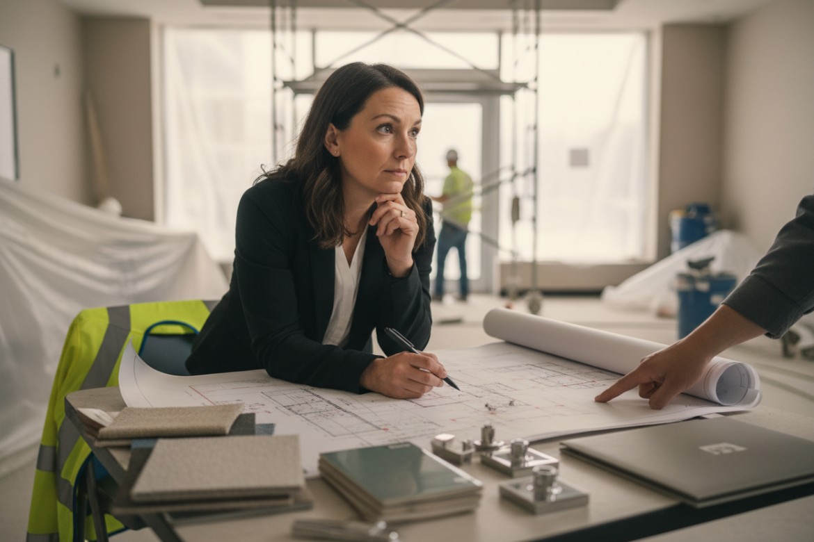 A project manager reviews blueprints and finish samples at a jobsite table while a colleague points to details, weighing options that reflect value engineering in healthcare construction projects.