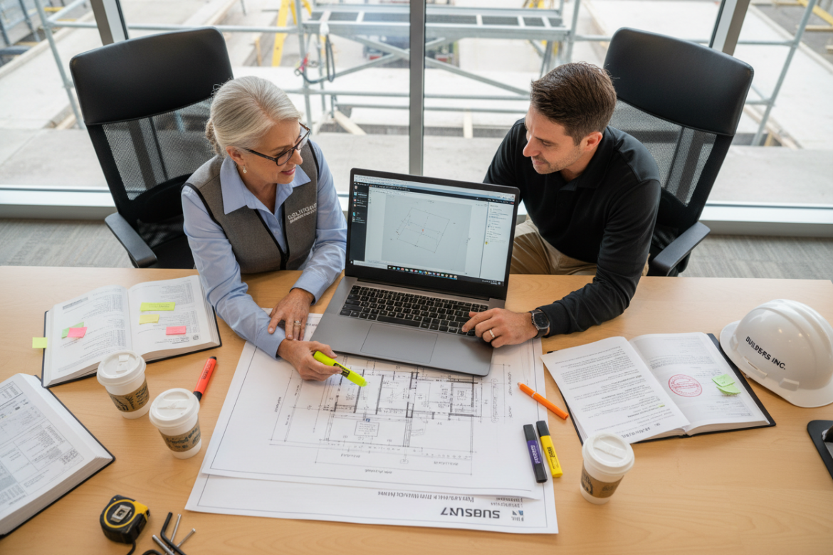 Overhead view of two project professionals comparing stamped drawings and a laptop on a conference table during a coordination meeting in a modern healthcare construction conference room, with code books, highlighters, and tools visible.