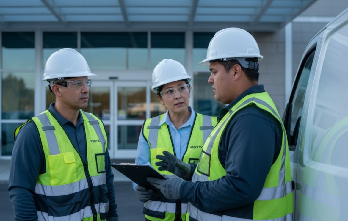 Three workers talking about safety in a jobsite.