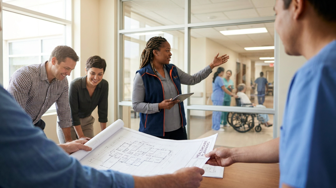 Project team in a hospital planning office reviewing architectural drawings at a conference table, with a professional standing and gesturing toward patient care areas visible through interior glass; soft natural window light and shallow depth of field em