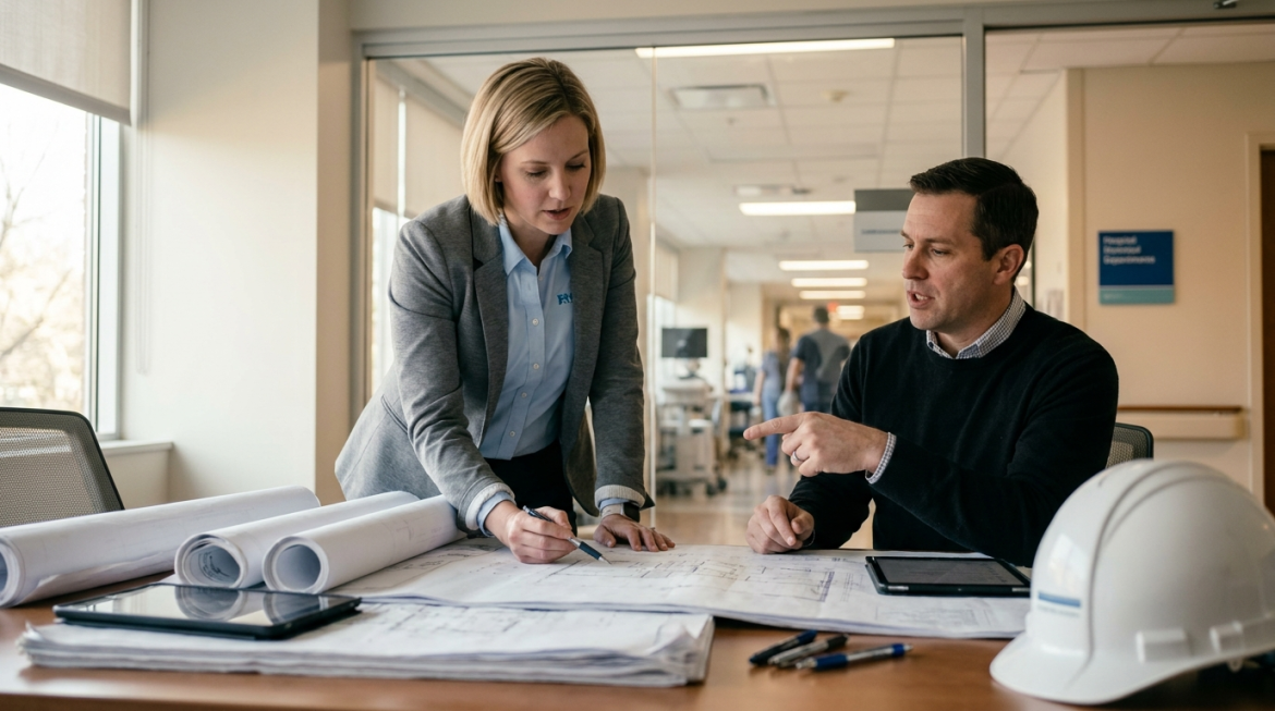 Two professionals leaning over construction documents on a table in a bright office with a hospital corridor visible through a glass wall, collaborating with focused body language.