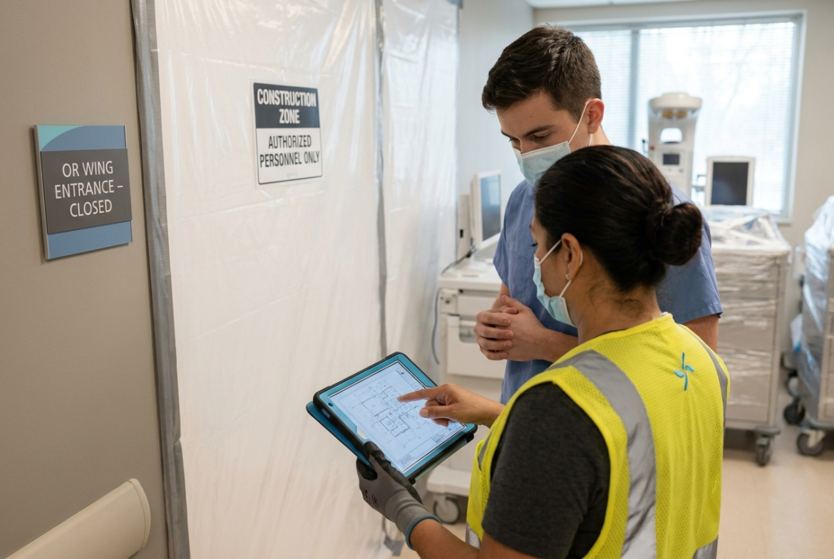 Contractor and hospital staff member reviewing a tablet outside a sealed construction barrier at the entrance to an operating room, showing temporary containment and a clean, controlled hospital work area.